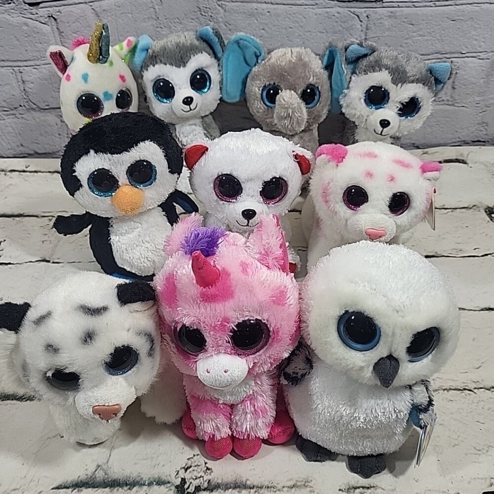 Ty Beanie Boos Plush Lot Of 10 Stuffed Animals Glitter Eyes Penguin Owl‎ Tiger